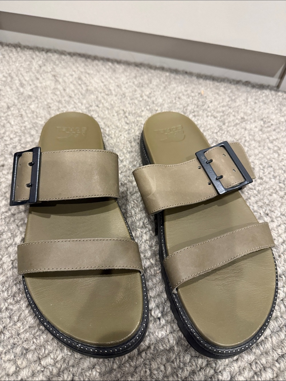 Sorrel Olive Green Double Strap Slide Sandals with Buckle